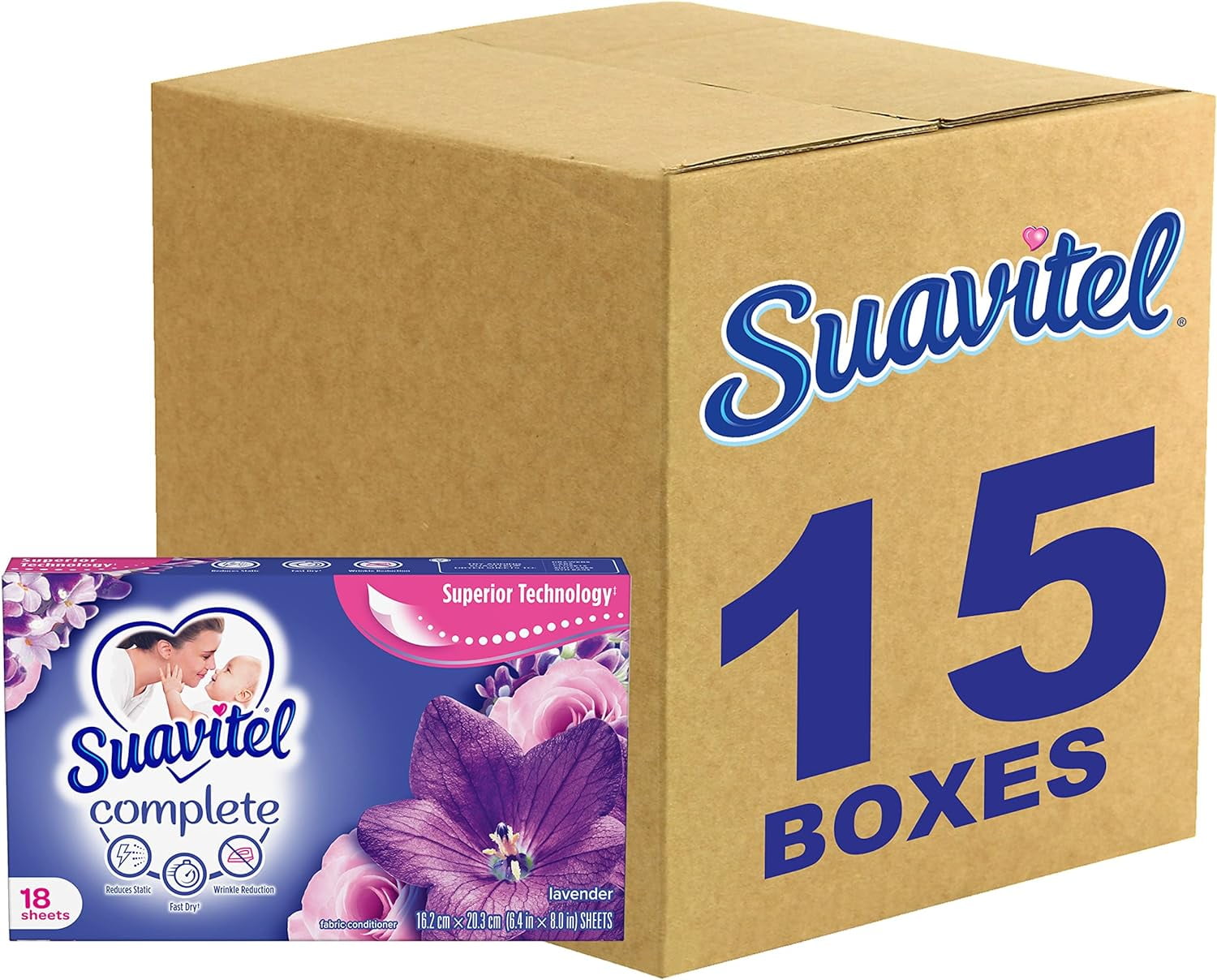 Suavitel Complete Fabric Softener Dryer Sheets, Lavender, 18 Sheets, 15 Pack 270 Dry Sheets Total