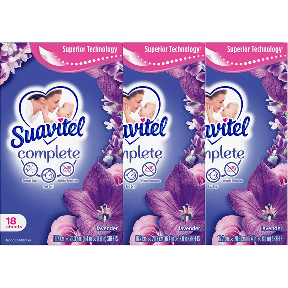 Suavitel Complete Fabric Softener Dryer Sheets, Lavender, 18 Sheets, 3 Pack 54 Dry Sheets Total