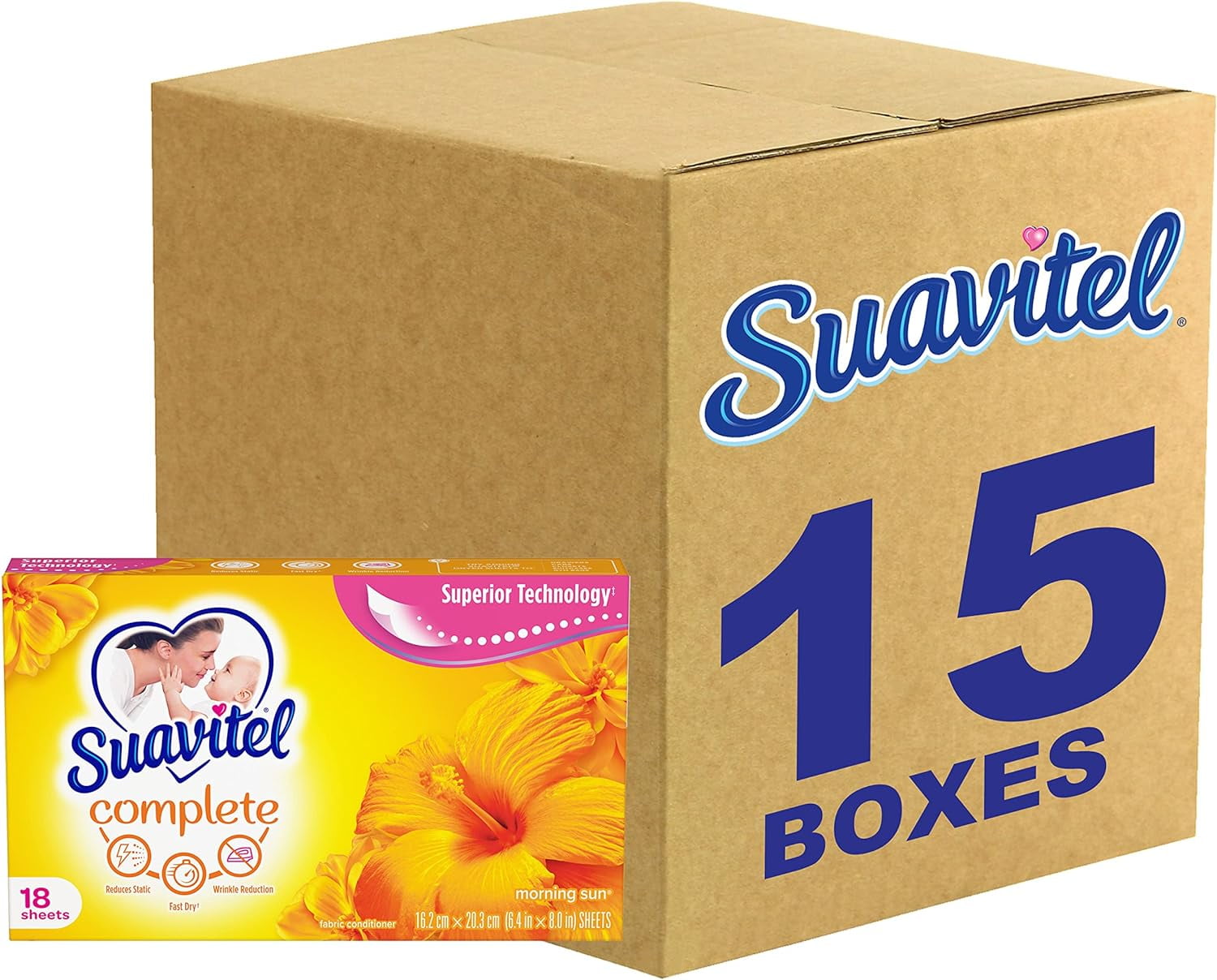 Suavitel Complete Fabric Softener Dryer Sheets, Morning Sun, 18 Sheets, 15 Pack 270 Dry Sheets Total BOXED
