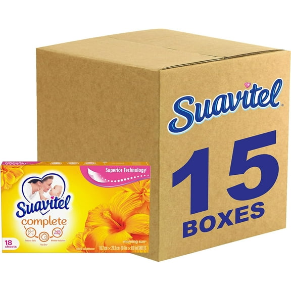 Suavitel Complete Fabric Softener Dryer Sheets, Morning Sun, 18 Sheets, 15 Pack 270 Dry Sheets Total BOXED