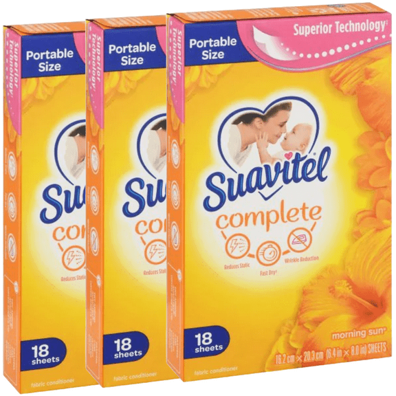 Suavitel Complete Fabric Softener Dryer Sheets, Morning Sun, 18 Sheets, 3 Pack 54 Dry Sheets Total