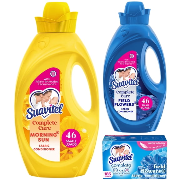 Suavitel Complete Scent Variety Bundle: Morning Sun and Field Flowers Liquid Fabric Softener, and Field Flowers Dryer Sheets