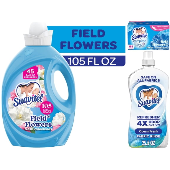 Suavitel Ultimate Freshness Laundry Bundle: Field Flowers Liquid Softener and Dryer Sheets, and Ocean Fresh Fabric Rinse