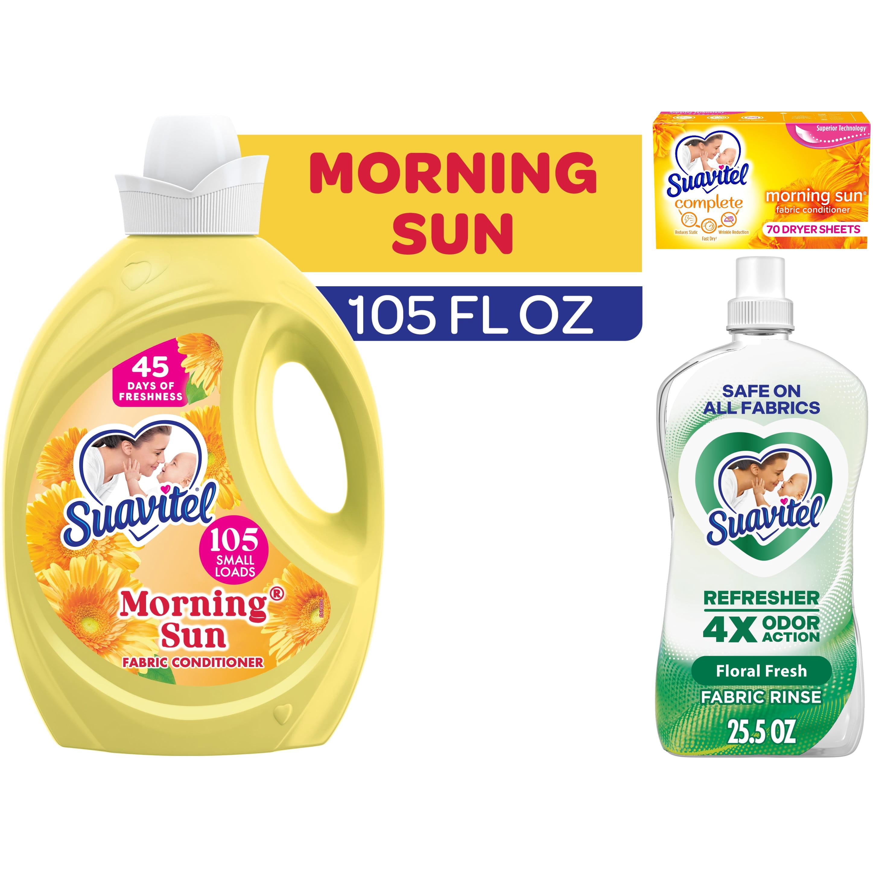 Suavitel Ultimate Freshness Laundry Bundle: Morning Sun Liquid Softener and Dryer Sheets, and Floral Fresh Fabric Rinse