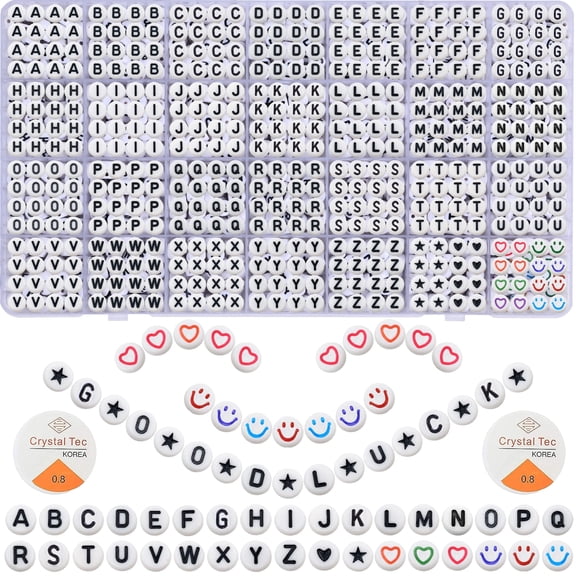 Suaxova 1480pcs Letter Beads Kit for Bracelets Making, 4x7mm Round A-Z Alphabet Beads for Friendship Bracelets with Colorful Heart Beads Smiley Face Beads Crystal String for Jewelry Making