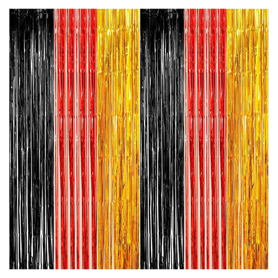 Suaxova 2 Pack Construction Foil Fringe Curtains, 3.3x6.6 Ft Black Gold and Red Tinsel Backdrop Party Decorations Door Streamers for Birthday Thanksgiving Day Engagement Decor,Photo Booth Props