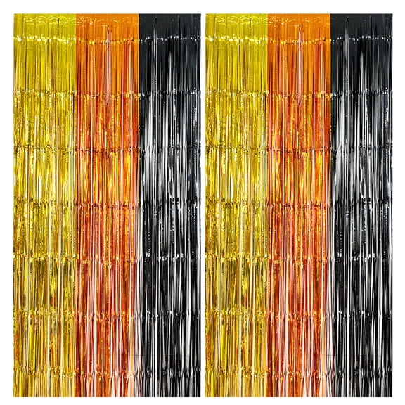 Suaxova 2 Pack Construction Foil Fringe Curtains, 3.3x6.6 ft Yellow Orange and Black Tinsel Fringe Streamers Photo Booth Backdrop for Construction Party Decoration, Birthday Party Supplies