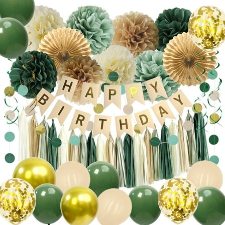 Suaxova Sage Green Birthday Decorations for Women,Happy Birthday Party Decorations,Happy Birthday Banner,Hanging Swirls,Tissue Paper Pompoms,Circle Dots Garland,Tassel Garland,Ivory Olive Balloons