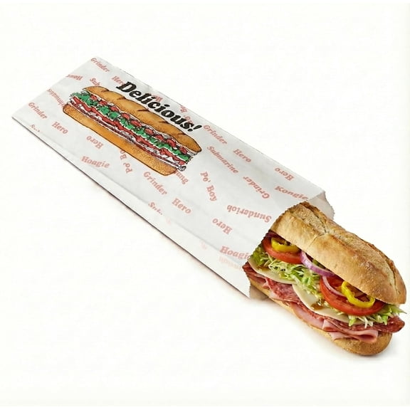 Sub Sandwich Bags, Hoagie and Grinder Bags, Printed Delicious Design, White Kraft Paper, 4.5x2x14 Inches, 1000 Count