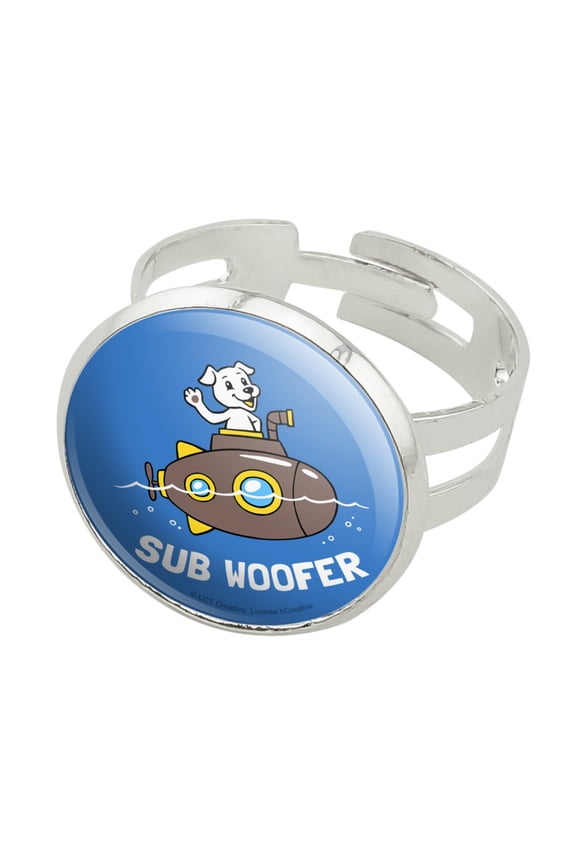 Sub Woofer Dog Submarine Funny Humor Silver Plated Adjustable Novelty Ring