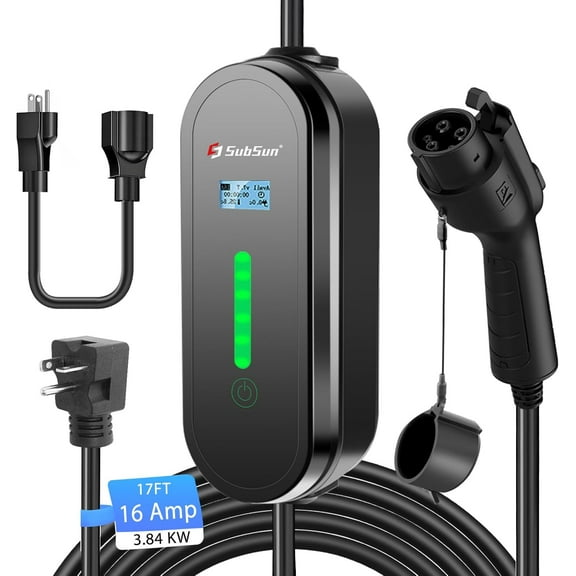 SubSun Adjustable Current, Portable Electric Vehicle Charger with NEMA Plug, Adjustable Current/Delay Charging for SEA J1772 EVs (16A EV Charger, 16A-Level 1+2(for J1772 EVs))