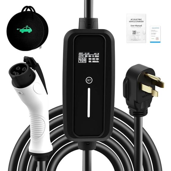 SubSun Adjustable Current, Portable Electric Vehicle Charger with NEMA Plug, Adjustable Current/Delay Charging for SEA J1772 EVs (40A 220V EV Charger, 40A-Level 2(for J1772 EVs)