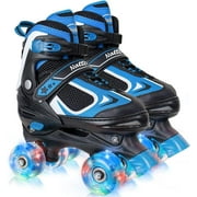 SubSun Roller Skates for Boys Girls Kids 4 Sizes Adjustable Quad Skates with Illuminating Wheels Blue Size M