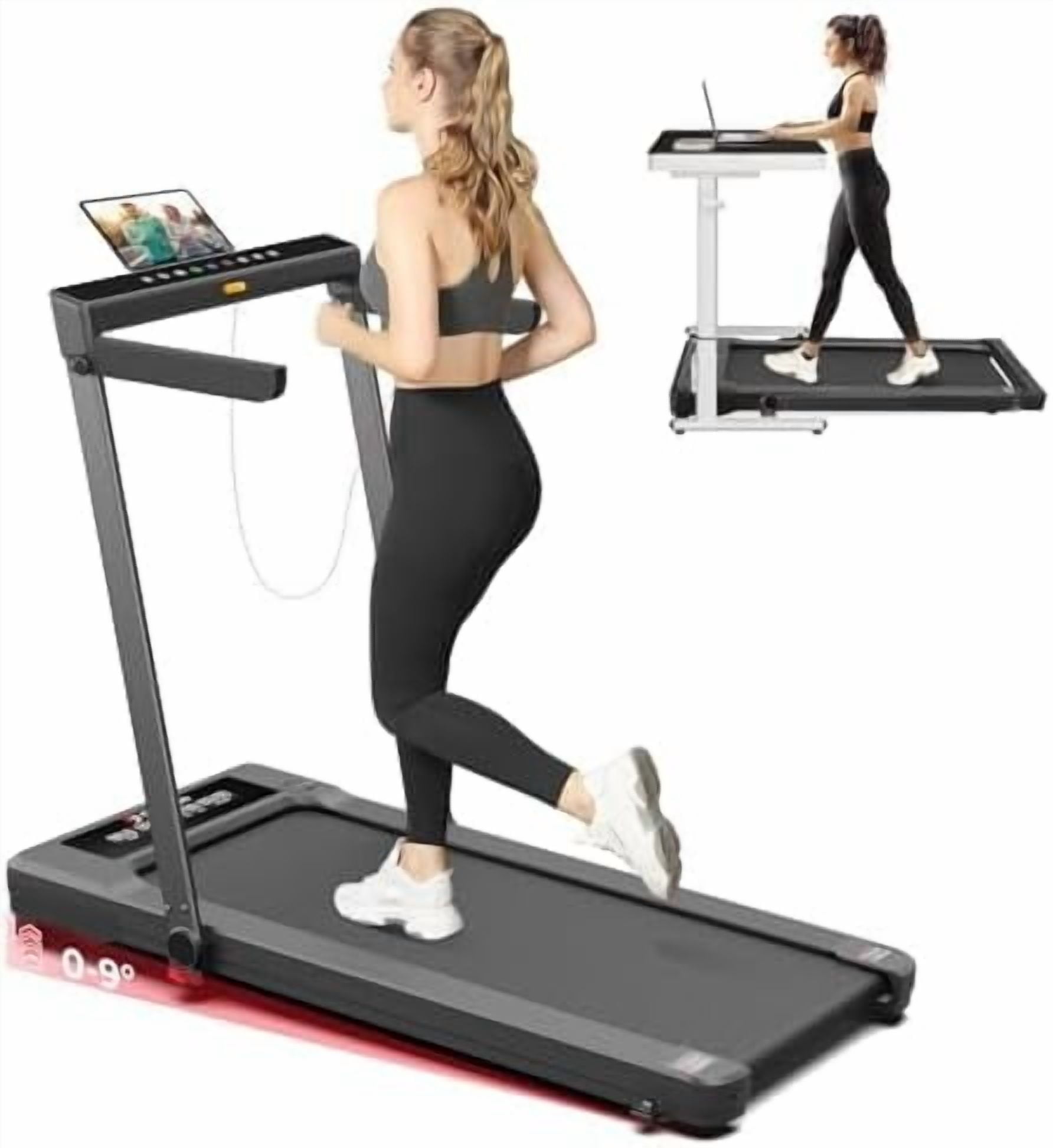 SubSunFolding Treadmill, Walking Pad with Handle, Under Desk Portable Treadmill for Home, Black/White