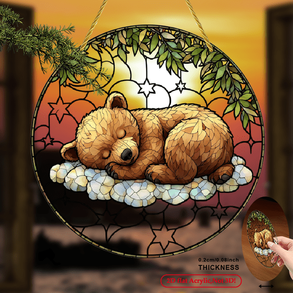 , SubY, Sleeping Bear Cloud Starry Sky Night Sky Acrylic Sign Retro Round Suncatcher Art Window Decoration, Suitable As a Creative Gift for CountryStyle Homes, Birthday Sur