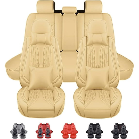 For Subaru Crosstrek Car Seat Cover Full Set, Deluxe PU Leather 5 Seats Auto Front Rear Cushion Protector with Pillow for Forester, WRX, Tribeca Beige