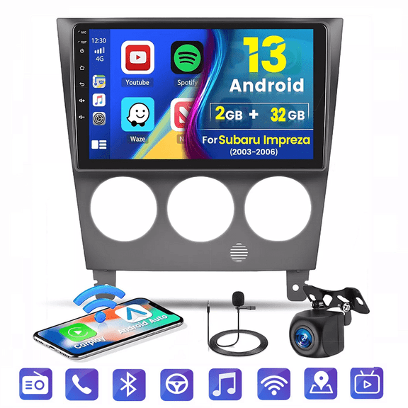 for Subaru Impreza 2002-2007 Android Car Stereo, Build-in Carplay & Android Auto, 9 inch Touch Screen GPS Navigation with DPS RDS/FM/AM, USB, Bluetooth, Mirror-Link