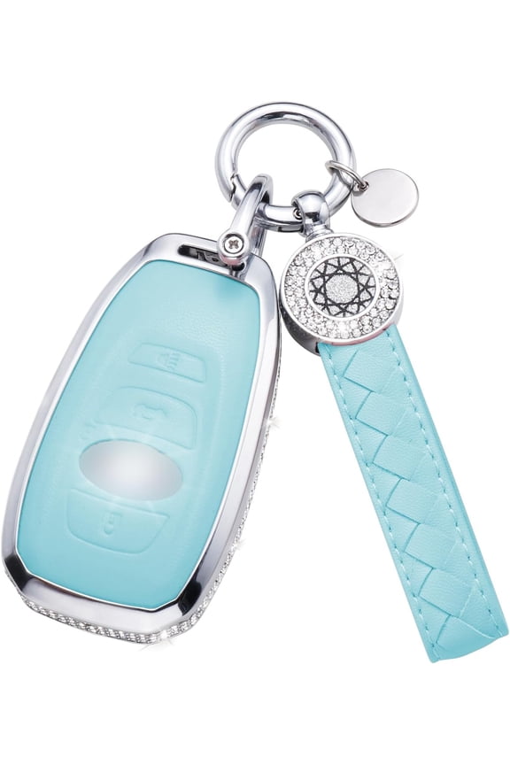 for Subaru Key Fob Cover with Keychain, Blue Leather Rhinestone Key Case Protection Shell Compatible with Ascent BRZ Crosstrek Forester Impreza Legacy Outback WRX STI Bling Car Accessories