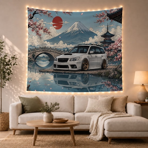 Subaru Wagon at Pagoda with Cherry Blossoms and Mt Fuji, Serene Japanese Inspired Scene for Car Lovers, Automotive Landscape Art, Birthday Gift Tapestry Wall Hanging for Bedroom and Dorm