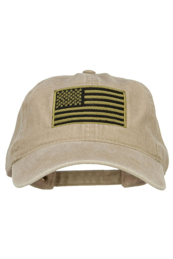 Subdued American Flag Embroidered Washed Buckle Cap - Khaki OSFM