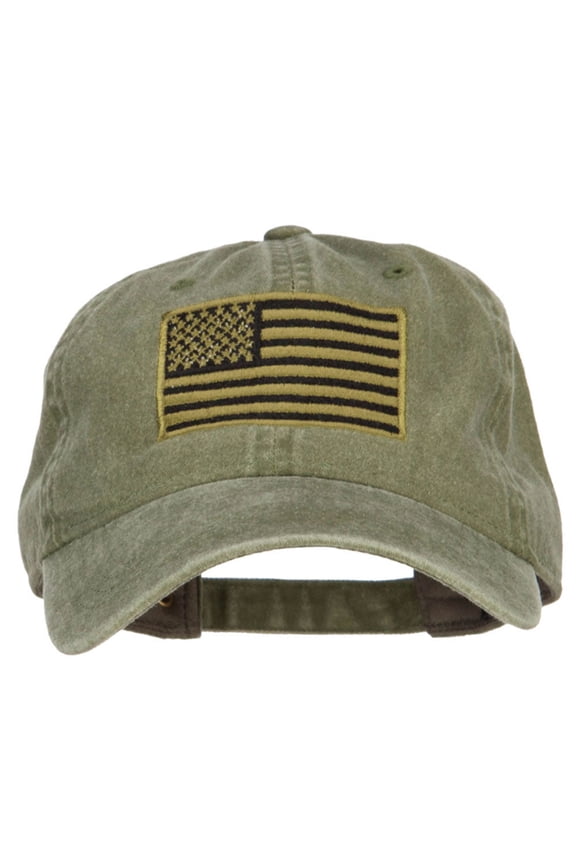 Subdued American Flag Embroidered Washed Buckle Cap - Olive OSFM