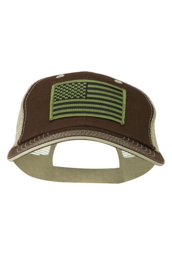Subdued American Flag Patched Big Size Washed Mesh Cap - Khaki Brown XL-3XL