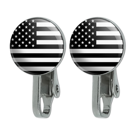 Subdued American USA Flag Black White Military Tactical Novelty Clip-On Stud Earrings