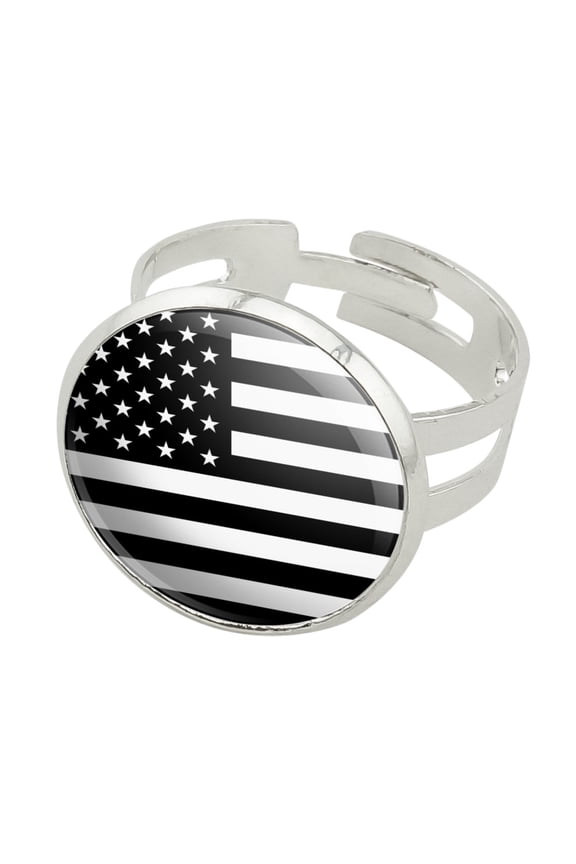 Subdued American USA Flag Black White Military Tactical Silver Plated Adjustable Novelty Ring
