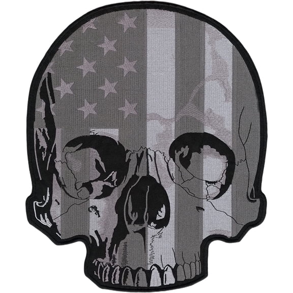 Subdued Half Skull Patch 12" | Black White US Flag Patriotic Halfskull Skeleton | Embroidered Iron On | Large Motorcycle Back Patches for Men and Women