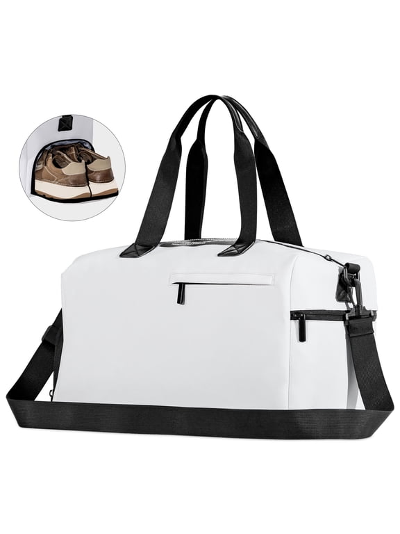 Travel Duffel Bag, Tote Gym Bag, Shoulder Weekender Overnight Bag for women, Carry on Bag with Wet Dry Pocket/Front Phone Pocket/Independent shoe warehouse for Travel,White