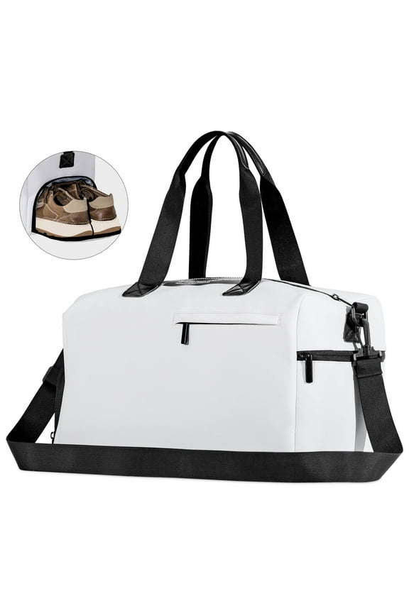 Travel Duffel Bag, Tote Gym Bag, Shoulder Weekender Overnight Bag for women, Carry on Bag with Wet Dry Pocket/Front Phone Pocket/Independent shoe warehouse for Travel,White