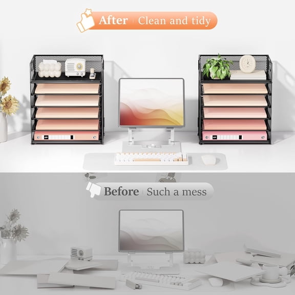 Subekyu 2-Pack 6-Tier Paper Tray Organizer for Desk - Black Mesh File Folder Sorter with Handles, Desk Letter Holder for Office, Home, School Supplies Storage & Organization