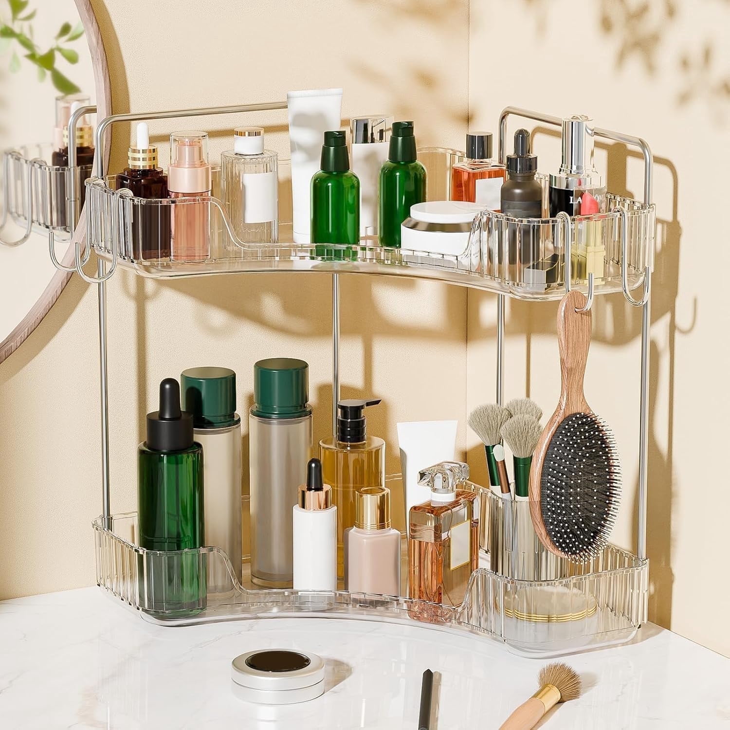 Subekyu 2 Tier Bathroom Counter Organizer Countertop,Plastic Bathroom Counter Organizer, Vanity Tray Sink Shelf with Hooks, for Makeup Storage (Clear)