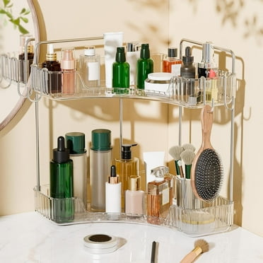 Subekyu 2 Tier Bathroom Counter Organizer Countertop,Plastic Bathroom Counter Organizer, Vanity Tray Sink Shelf with Hooks, for Makeup Storage (Clear)