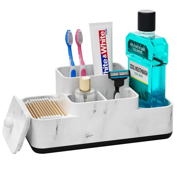 Subekyu Bathroom Counter Organizer, Toothbrush Holder for Bathroom, Resin Bathroom Organizer Countertop Storage for Cotton Ball