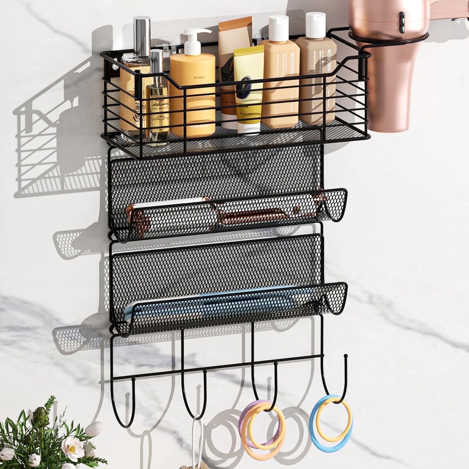 Subekyu Metal Hair Tool Organizer Wall Mount, Hair Dryer Holder with 3 Tier Shelf Basket Hooks, Bathroom Hair Styling Tool Organizer