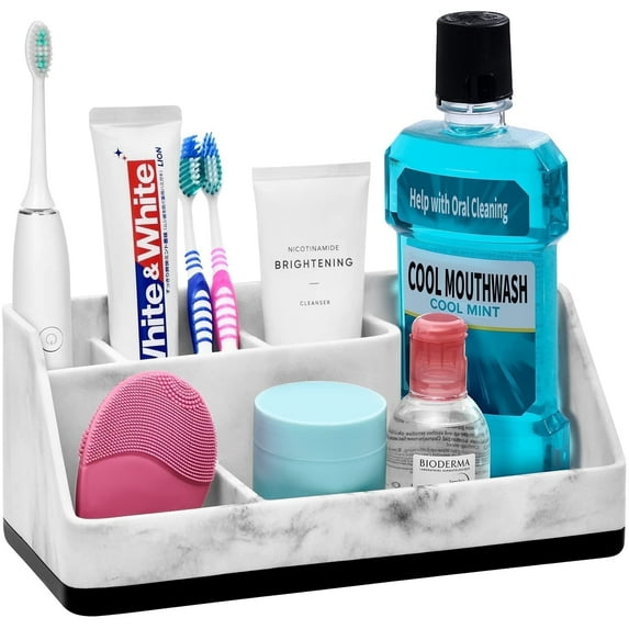 Subekyu Toothbrush Holder,Bathroom Counter Organizer,5 Compartments Multifunctional Storage for Cosmetic,Toothbrush, Razor Holder ,Marble White