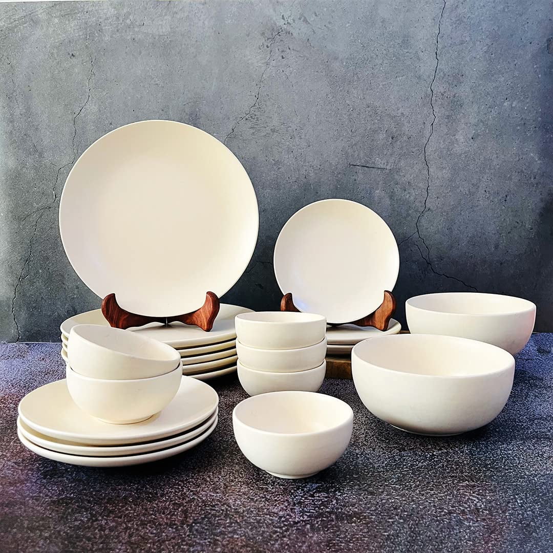 Subhra Handcrafted White Ceramic Dinner Set Of 20 Pieces With Serving ...