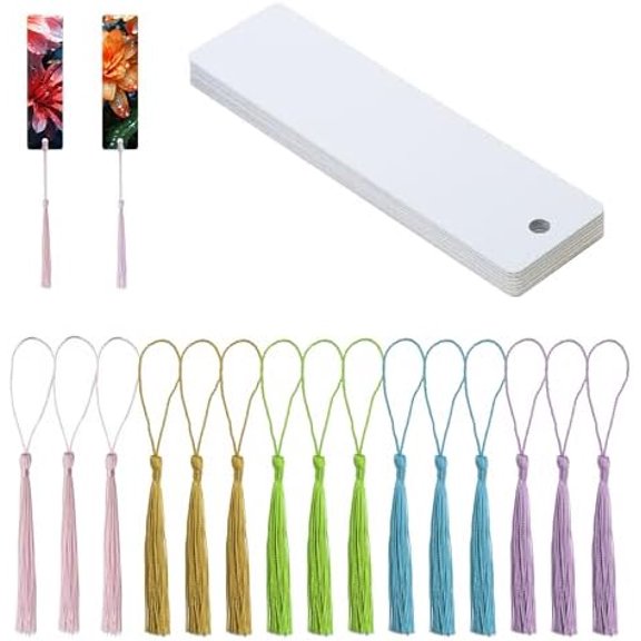 Sublimation Blank Bookmarks 15Pcs Double-Side Heat Transfer Metal Craft Book Marker with 15Pcs Colorful Silky Tassels for Birthday Wedding DIY Projects and Gift Tag (3.2x12cm, Rectangle)