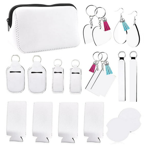 Sublimation Blanks Set, DIY Sublimation Blanks with Makeup Bag, Keychains, Earrings, Cup Coasters for Crafting Gift