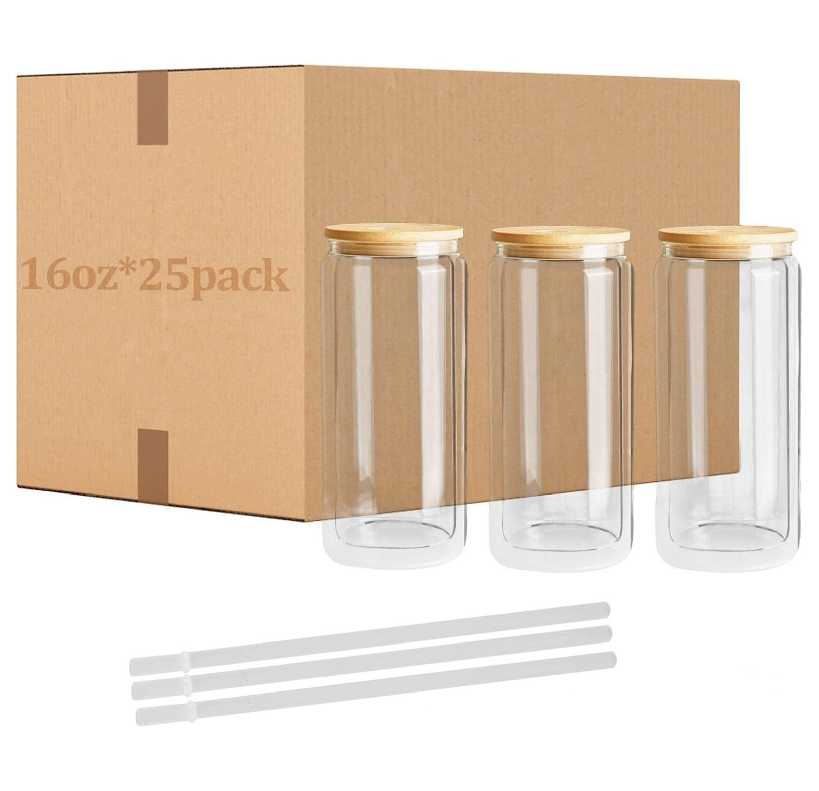 Sublimation Blanks bulk Double Wall Glass,16 oz Pre Drilled Sublimation Snow Globe Glass With Bamboo Lid and Straw Reusable Clear Beer Can Mason Jar Mug for Snow Globe Glitter DIY