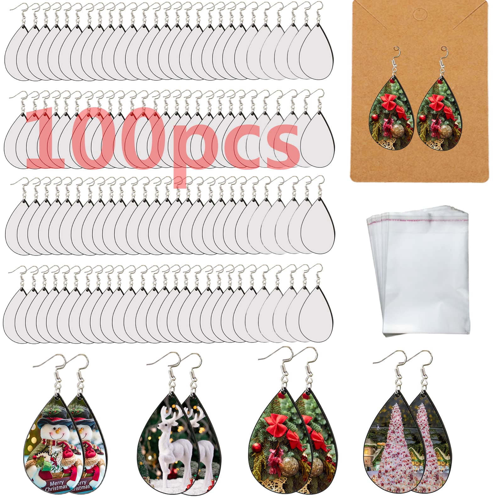 Sublimation Earring Blanks Bulk 100 pcs Double-Sided MDF Wood Blank Sublimation Earring with Earring Hooks and Jump Rings for Sublimation Earring Printing