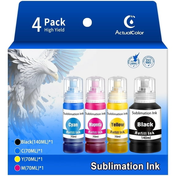 350ML Sublimation Ink Compatible for Epson Ecotank Printers ET2400 ET2720 ET2750 ET2760 ET-2803 ET-4800 (1BK/1C/1M/1Y)