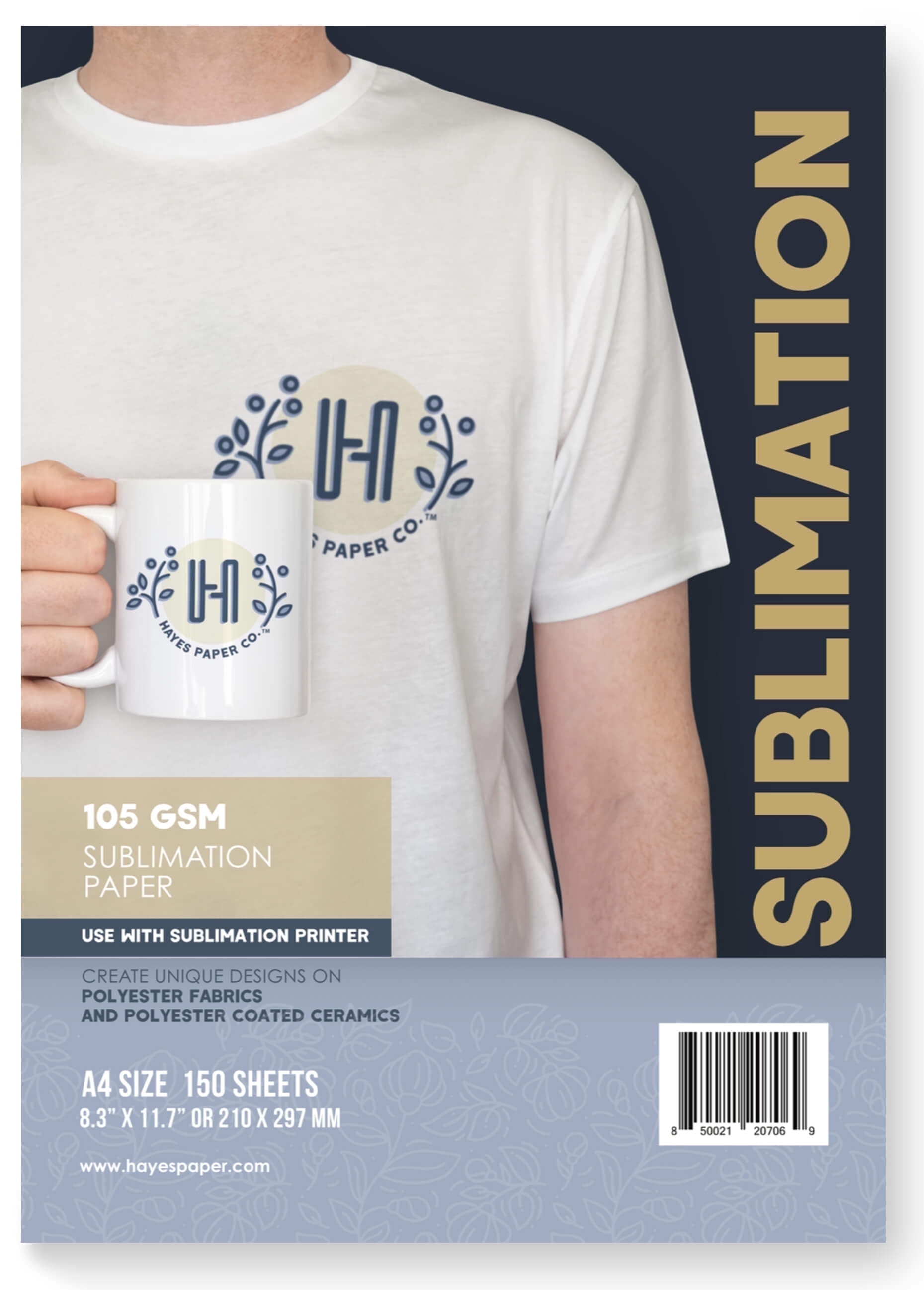 Hayes Paper Co. Sublimation Paper, 105 GSM, A4 Size 8.25 x 11.75", 150 Sheets, High Transfer Sublimation Transfer Paper for Heat Press
