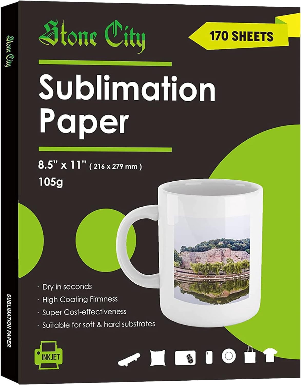 Sublimation Paper 170 Sheets 105g for Heat Transfer Light Fabric, T Shirt, Mug, Tumbler, Compatible with Inkjet Printer with Sublimation Ink