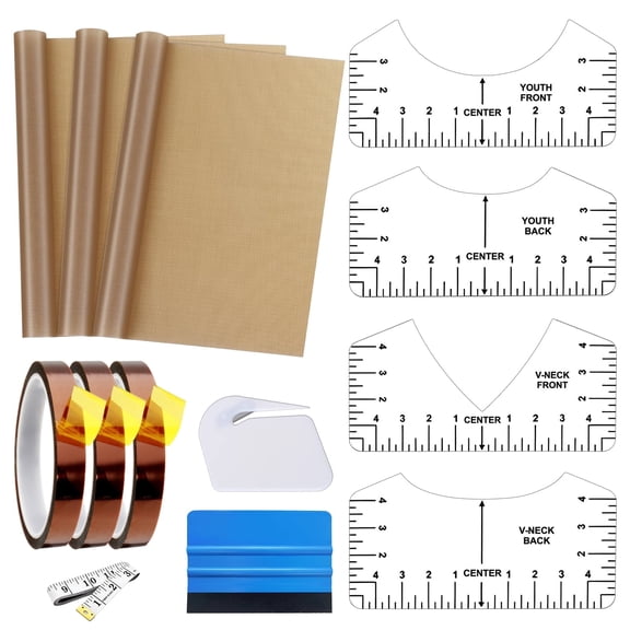 Sublimation Shirts Tool Kits, 4 T Shirt Rulers, 3 Teflon Sheets for Heat Press, 3 Rolls Heat Resistant Tape, 1 Tape Measure, 1 Squeegee, 1 Cutter Tool