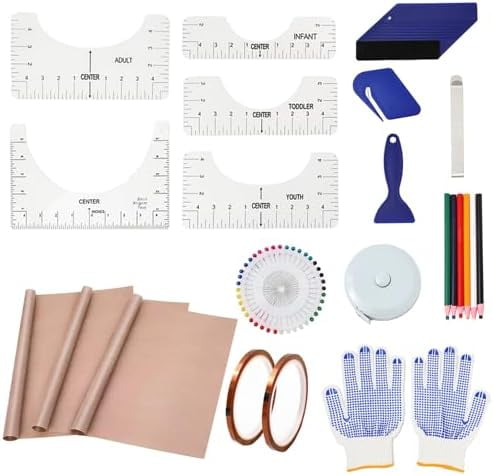 Sublimation Shirts Tool Kits - 5 T Shirt Ruler Guide 3 Pack Teflon Sheet for Heat Press12 x 16in 2 Rolls Heat Resistant Tape 6 Pcs Sewing Mark Pencil Accessories