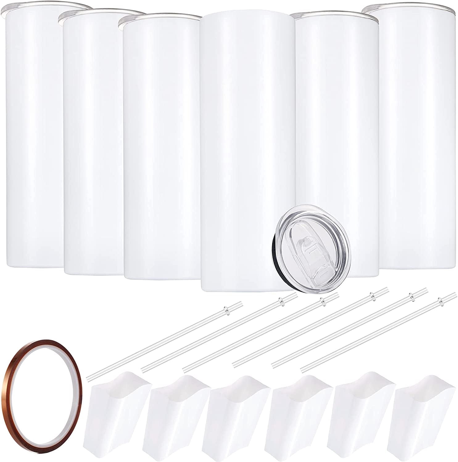 Sublimation Skinny Tumbler Straight Blank White 20oz - Sublimation Tumblers for Heat Transfer, Stainless Steel Coffee Cup with Shrink Wrap Sleeve & Heat Tape | Vinyl DIY Gifts, 6 Pack