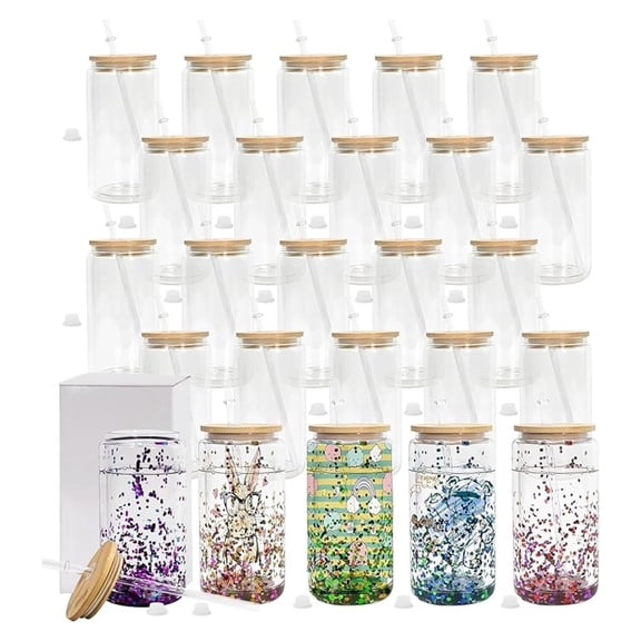 Sublimation Snowglobe Glass Cups 16oz Pre-Drilled Double Walled Bulk DIY Craft w/Bamboo Lids 25-Pack