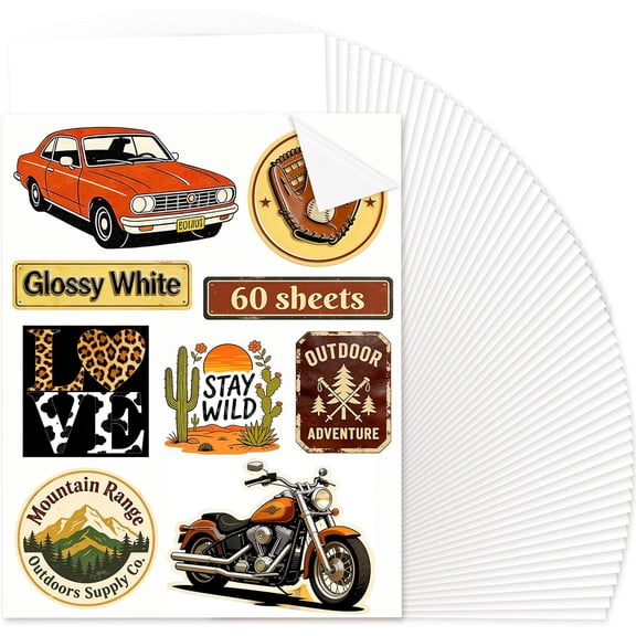 Sublimation Sticker Paper, 60 Sheets 8.5x11 White Waterproof Glossy Sticker Paper Vinyl for Sublimation Inkjet Printer and Heat Press, High Transfer for Tumblers, Mugs and Labels
